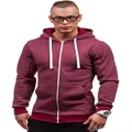 Detail view of a premium men's burgundy zip-up hoodie featuring white drawstrings - Burgundy