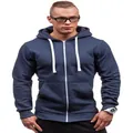 Detail view of a men's slim fit dark blue zip-up hoodie with white drawstring hood. - S / Tops / Navy Blue