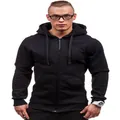 Men's slim fit black zip-up hoodie with front pockets and drawstrings for casual wear - S / Tops / Black