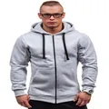 Front view of a premium men's light gray zip-up hooded sweatshirt jacket for autumn - S / Tops / Gray