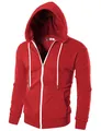 Macro view of red men's casual zip-up hoodie featuring white drawstrings and hood - M / Tops / Red