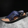 Stylish navy blue PU leather men's sandals with breathable perforated design for summer beach wear - 38 / Dark Blue