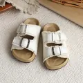 White girl's Birkenstock style summer sandals with frayed edges and adjustable buckles - Size 26 (15.8cm) / Off White