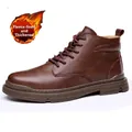Bottes de travail en cuir marron rétro pour hommes avec doublure polaire chaude - 38 / Marron Doublé de Peluche (9911)
