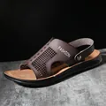 Premium men's brown PU leather sandals with breathable hollow design and comfort sole - 38 / Dark Gray