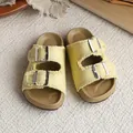 Stylish yellow girls' double-buckle slide sandals with frayed edge details and comfort footbed - Size 26 (15.8cm) / Yellow