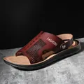 Men's premium PU leather sandals with breathable hollow design and fashion print - 38 / Burgundy