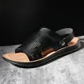 Stylish black PU leather men's sandals with breathable perforations for summer wear - 38 / Brown-Black