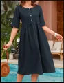 Casual dark blue cotton linen midi dress with a loose fit and round neck - S / Dresses / Navy Blue