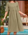 Casual olive green cotton linen midi dress with round neck and short sleeves for summer. - S / Dresses / Khaki