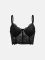 Elegant black floral eyelash lace bustier crop top featuring adjustable spaghetti straps - XS / Tops / Black
