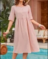 Casual pink cotton linen midi dress with round neck and short sleeves for summer - S / Dresses / Pink