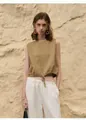 Stijlvolle mosterdgele mouwloze cropped top met verstelbaar trekkoord aan de zoom - S / Tops / Khaki