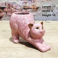 Close-up of cute pink cat ceramic succulent planter with dimension labels - Stretching Pose / Pink Cat