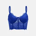 Detailed view of royal blue lace corset top with delicate eyelash lace trim detail - XS / Tops / Blue
