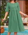 Women's casual green cotton linen round neck loose fit short sleeve midi dress - S / Dresses / Lake Green