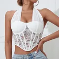 Detailed close-up of a white lace halter corset top featuring underwire and floral mesh - S / Tops / White