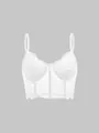 Detailed front view of white floral lace bustier camisole with delicate eyelash lace trim - XS / Tops / White