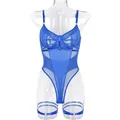 Detail of blue sheer mesh bodysuit with underwire bra and matching garter leg rings - Blue