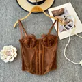 Canotta corsetto vintage in pizzo marrone con dettagli in rete per un look estivo - Taglia S / Top / Caffè