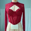 Sexy red long sleeve lace mesh patchwork corset top with underwire cups for women - S / Tops / Burgundy