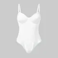 Detailed close-up view of a white sexy mesh patchwork bodysuit with thin spaghetti straps. - S / Dresses / White