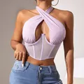 Detailed view of lavender mesh patchwork halter corset top with fishbone structure - S / Tops / Light Purple