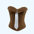 Front view of a brown boned corset top featuring a decorative white tie detail - S / Hook-And-Eye Top / Coffee