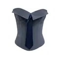 Détail d'un haut corset gris avec baleines et cravate bleu marine, col bardot élégant. - S / Haut à Agrafes / Gris