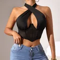 Black mesh patchwork criss-cross halter neck fishbone corset tank top for women - S / Tops / Black