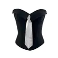 Corset noir ajusté avec baleines et cravate blanche décorative, style sexy chic. - S / Haut à Agrafes / Noir et Blanc