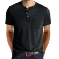 Premium men's casual short-sleeve Henley t-shirt in charcoal grey with chest pocket detail - S / Tops / Dark Gray