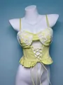 Elegant French style yellow camisole with intricate white embroidery and lace-up design - S / Tops / Lemon Yellow
