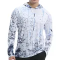 Detail view of breathable quick-dry fishing hoodie with blue splash pattern on a male model - S / Tops / White