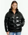 Détail de la doudoune noire brillante à capuche pour femme, veste d'hiver épaisse - S / Hauts / Noir