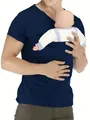 Close-up detail of men's navy blue kangaroo pouch T-shirt designed for carrying a baby. - S / Tops / Navy Blue