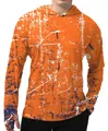 Detailed view of the distressed graphic print on a men's orange fishing hoodie. - S / Tops / Orange and White