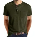 Casual men's olive green short sleeve Henley T-shirt featuring chest pocket and buttons - Army Green