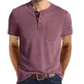 Men's slim fit casual short sleeve Henley T-shirt in mauve purple with chest pocket - Dark Red