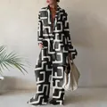 Zweiteiliges Damen-Urlaubsoutfit mit schwarz-weißem abstraktem Muster und weitem Bein - 3XL / Oberteil Und Unterteil / Geometrische Schwarze Schnalle