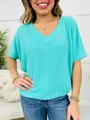Vibrant turquoise V-neck ribbed short sleeve T-shirt with a loose fit, summer casual style - S / Tops / Emerald Green
