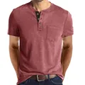 Premium men's short-sleeved Henley t-shirt in a dusty rose color with a functional pocket - Burgundy