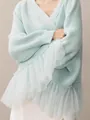 Light blue V-neck knit sweater with elegant white tulle ruffle hem and long sleeves. - S / Tops / Sky Blue