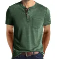 Men's casual summer short sleeve dark green Henley T-shirt with chest pocket detail - Dark Green