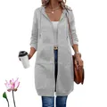Detail view of women's grey mid-length hoodie jacket with drawstring and front pockets - Gray