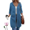 Detailed view of women's casual mid-length blue hooded zip-up jacket with pockets - Sky Blue