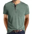Men's short sleeve Henley t-shirt in dusty green featuring a classic chest pocket - Turquoise Green