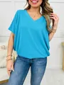 Close-up detail of the ribbed knit texture on a bright blue V-neck short sleeve top - Sky Blue