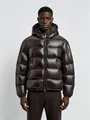 Shiny dark brown men's hooded puffer jacket with thick insulation and front zipper. - 3XL / Tops / Coffee