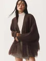 Dark brown knit cardigan with layered mesh ruffle hem and long sleeves for winter - Dark Brown